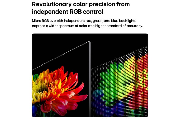 LG Micro RGB evo AI MRGB95, powered by RGB Primary Color Ultra, shows a flower image on the screen, with precisely controlled red, green, and blue light from distinct Micro RGB engines for balanced color and refined contrast.